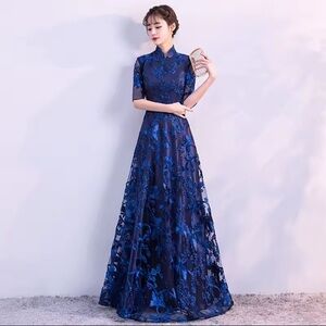 Women’s Blue Floral Lace Qipao/Cheongsam Dress - XL - BNWT